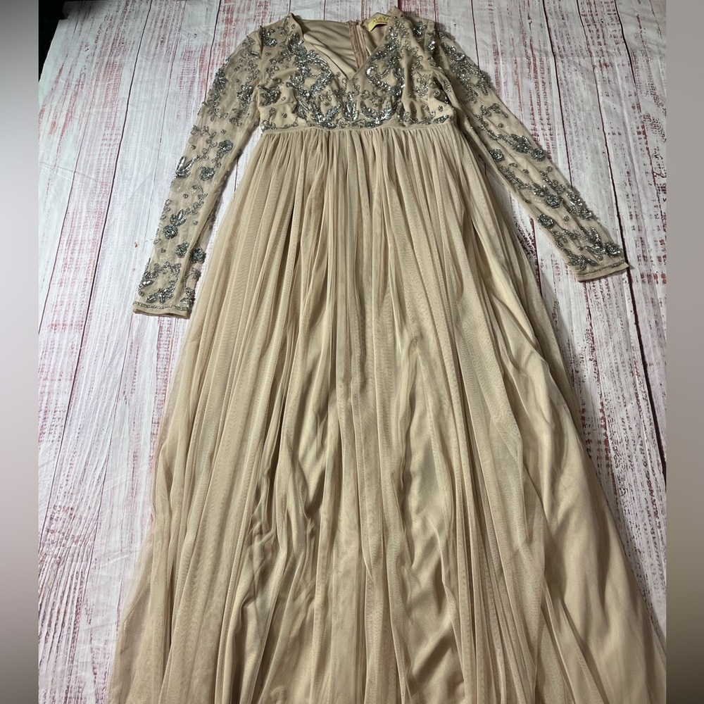 Maya Nude/Beige Long Sleeve Embellished Maternity Dress with netting overlay